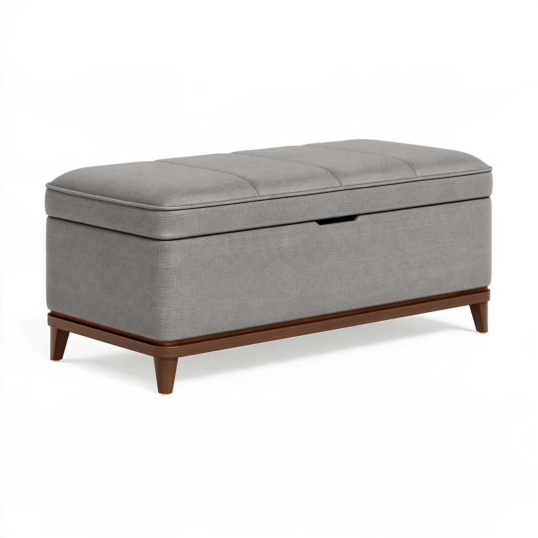 Banc coffre de rangement 100 x 60 x 45 cm en tissu gris avec pieds en bois - Style contemporain