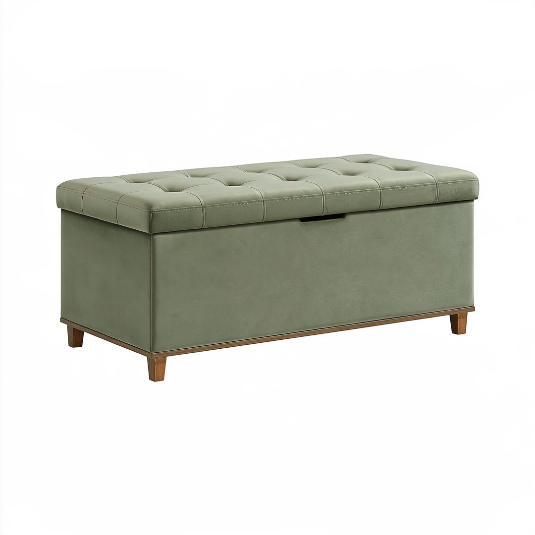 Banc coffre de rangement 120 x 45 x 48 cm revêtement synthétique vert sauge capitonné contemporain