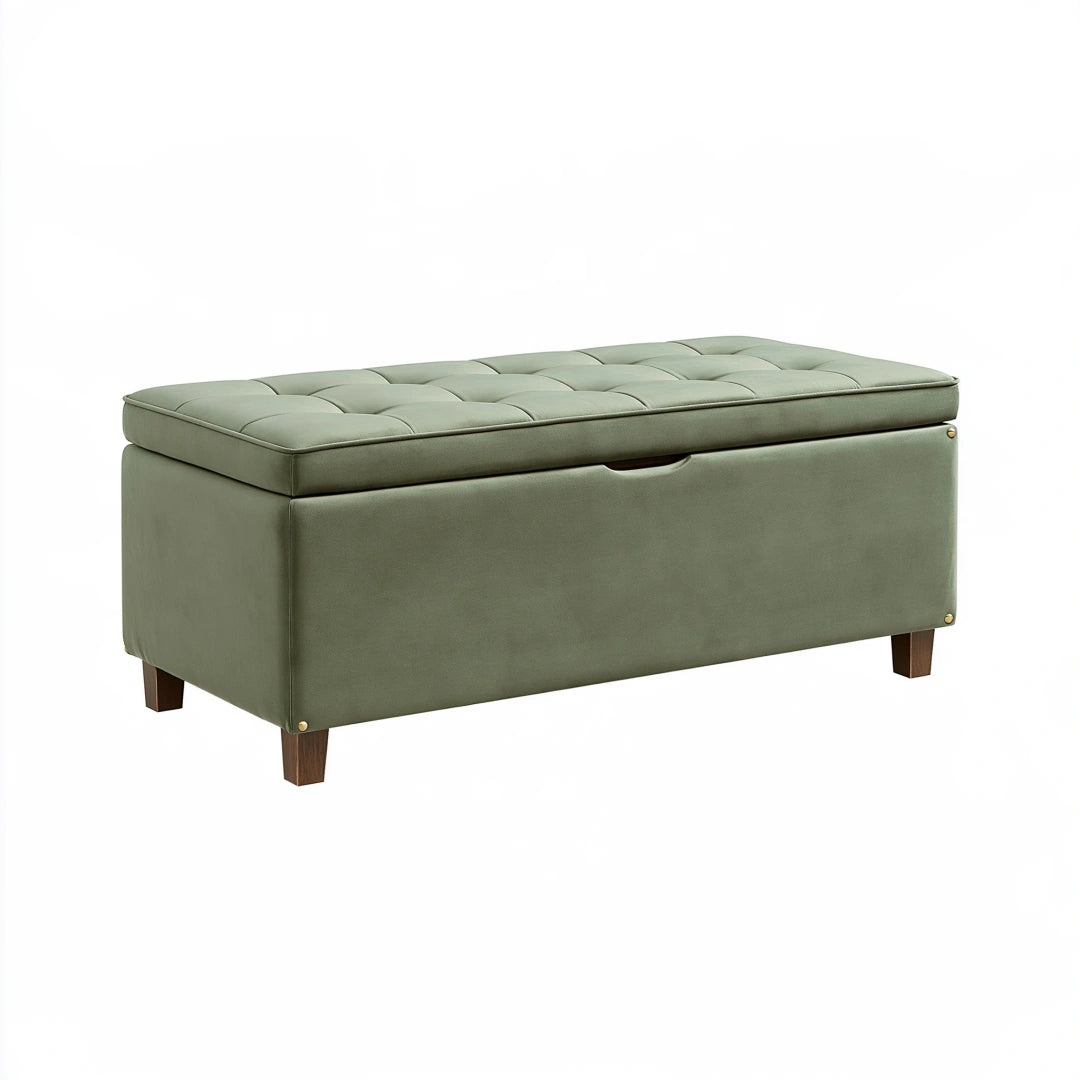 Banc coffre de rangement 110 x 45 x 50 cm en velours vert style capitonné