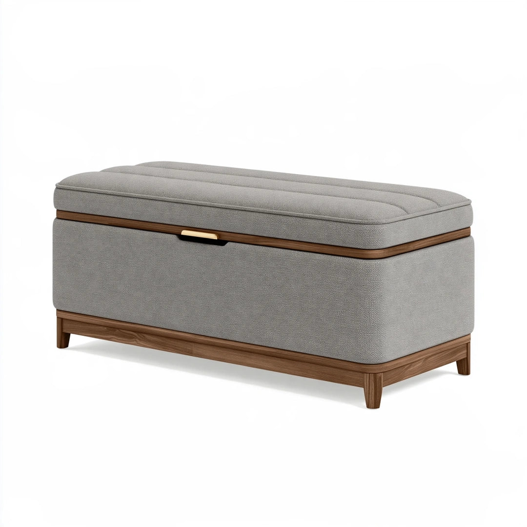 Banc coffre de rangement 120 x 45 x 48 cm en tissu gris et bois - Assise capitonnée