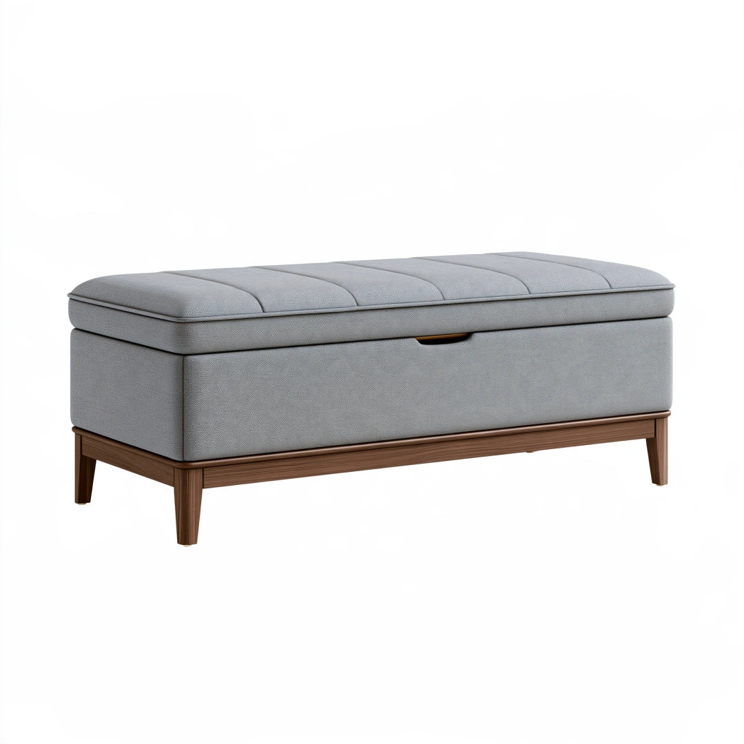 Banc coffre 120 x 45 x 48 cm en tissu gris avec piètement en bois - rangement capitonné moderne