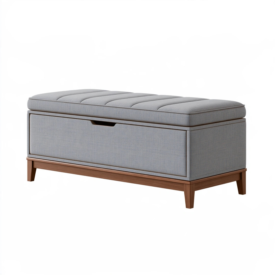 Banc coffre de rangement 120 x 45 x 50 cm tissu gris et bois style contemporain