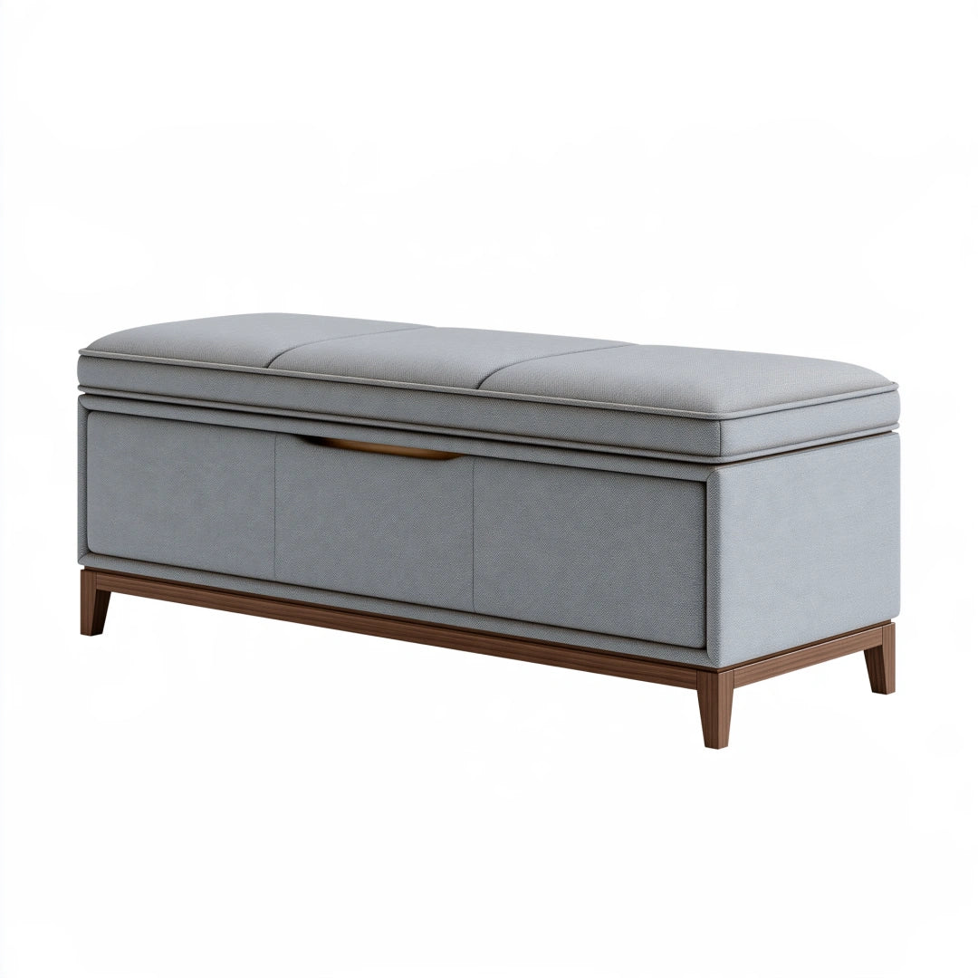 Banc coffre de rangement 120 x 45 x 48 cm en textile gris avec piètement en bois style contemporain