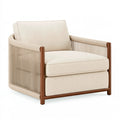 Fauteuil 80 x 85 x 82 cm en bois brun et tissu beige avec accoudoirs tressés