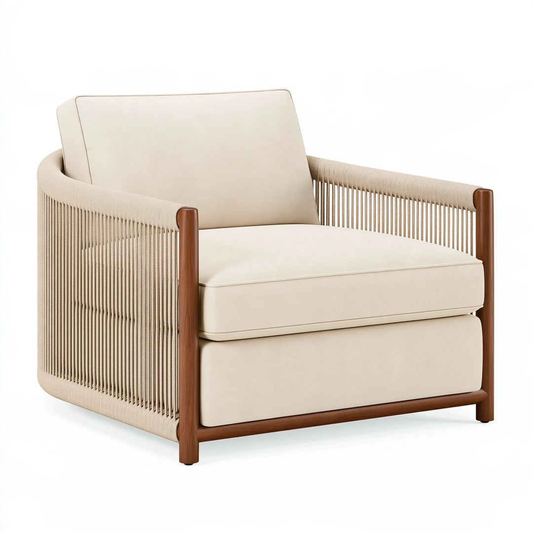 Fauteuil 80 x 85 x 82 cm en bois brun et tissu beige avec accoudoirs tressés