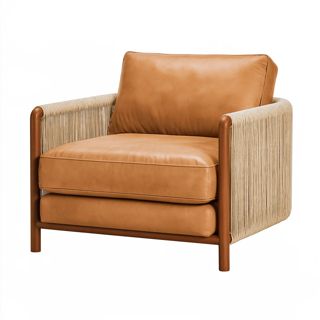 Fauteuil 86 x 82 x 85 cm aspect cuir cognac et cordage tressé style contemporain
