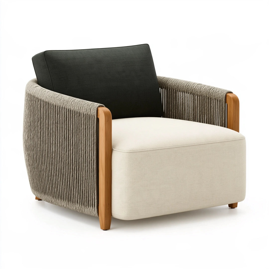 Fauteuil 82 x 76 x 78 cm en bois et corde tressée beige noir style contemporain intérieur