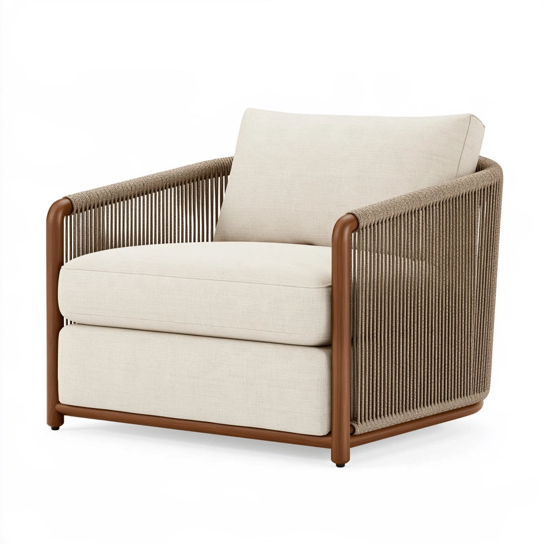 Fauteuil 78 x 82 x 82 cm en corde tressée beige et bois marron style contemporain