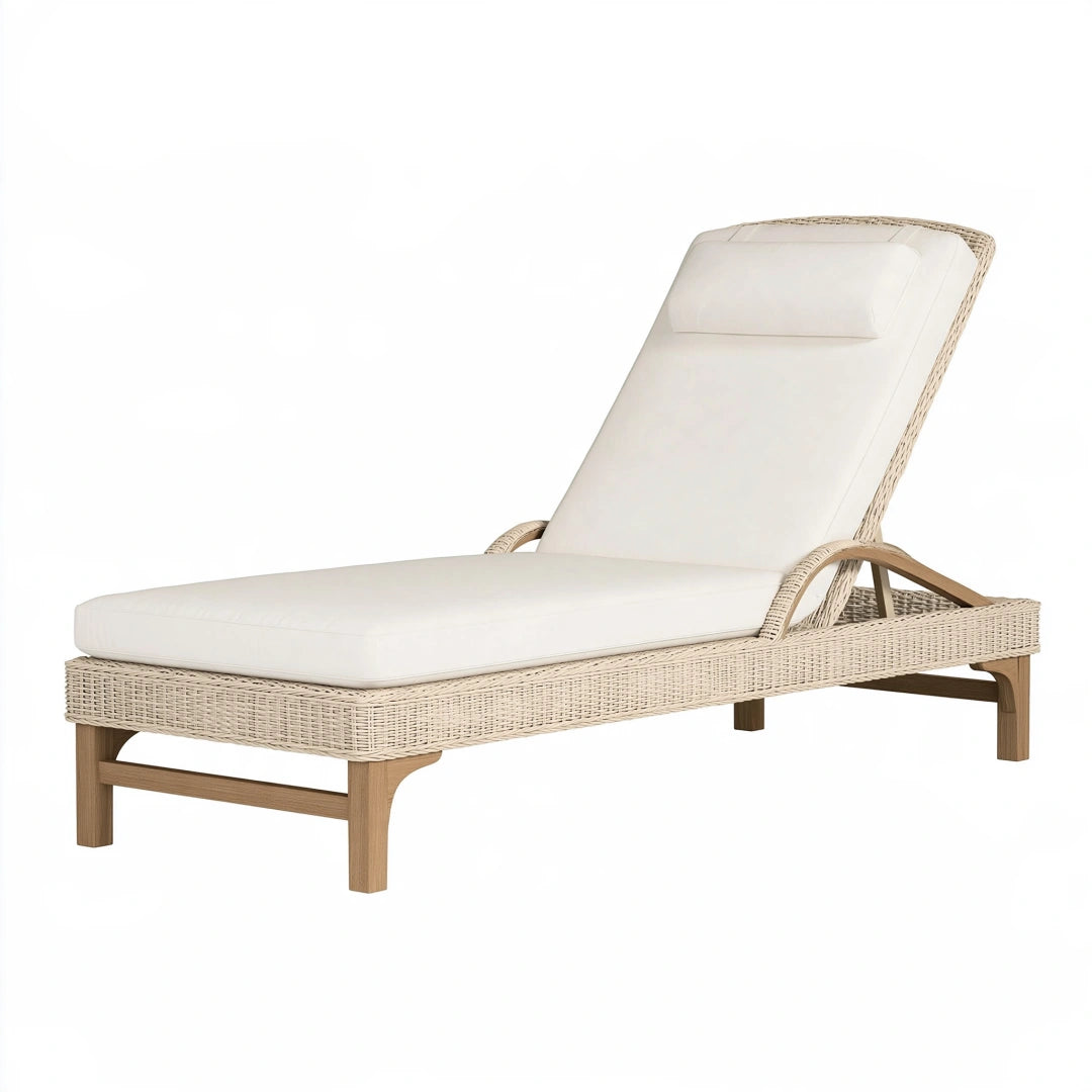 Chaise longue de jardin 200 x 75 cm en bois et fibres tressées beige blanc cassé style naturel
