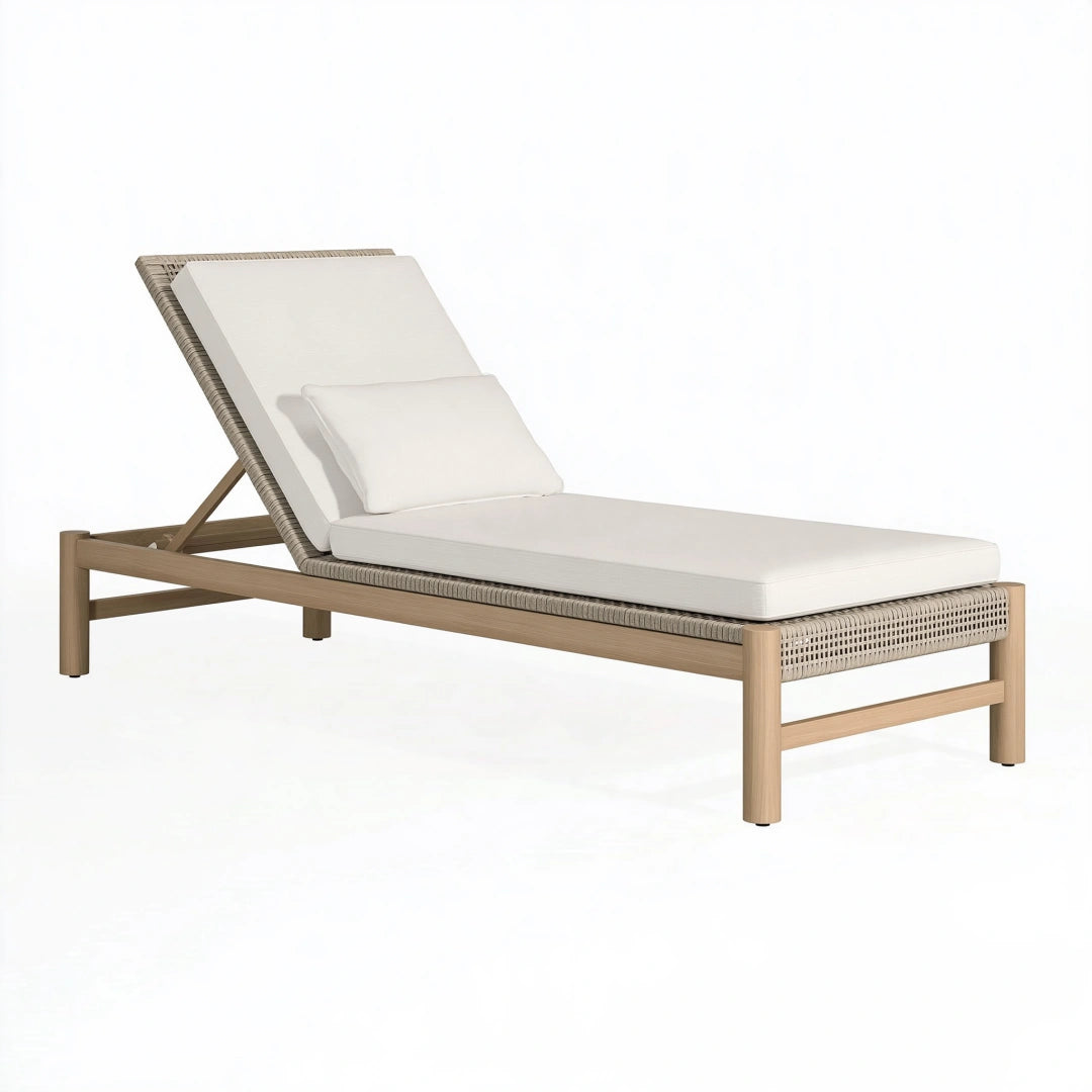 Chaise longue de jardin 200 x 75 cm en bois et résine tressée beige avec dossier inclinable