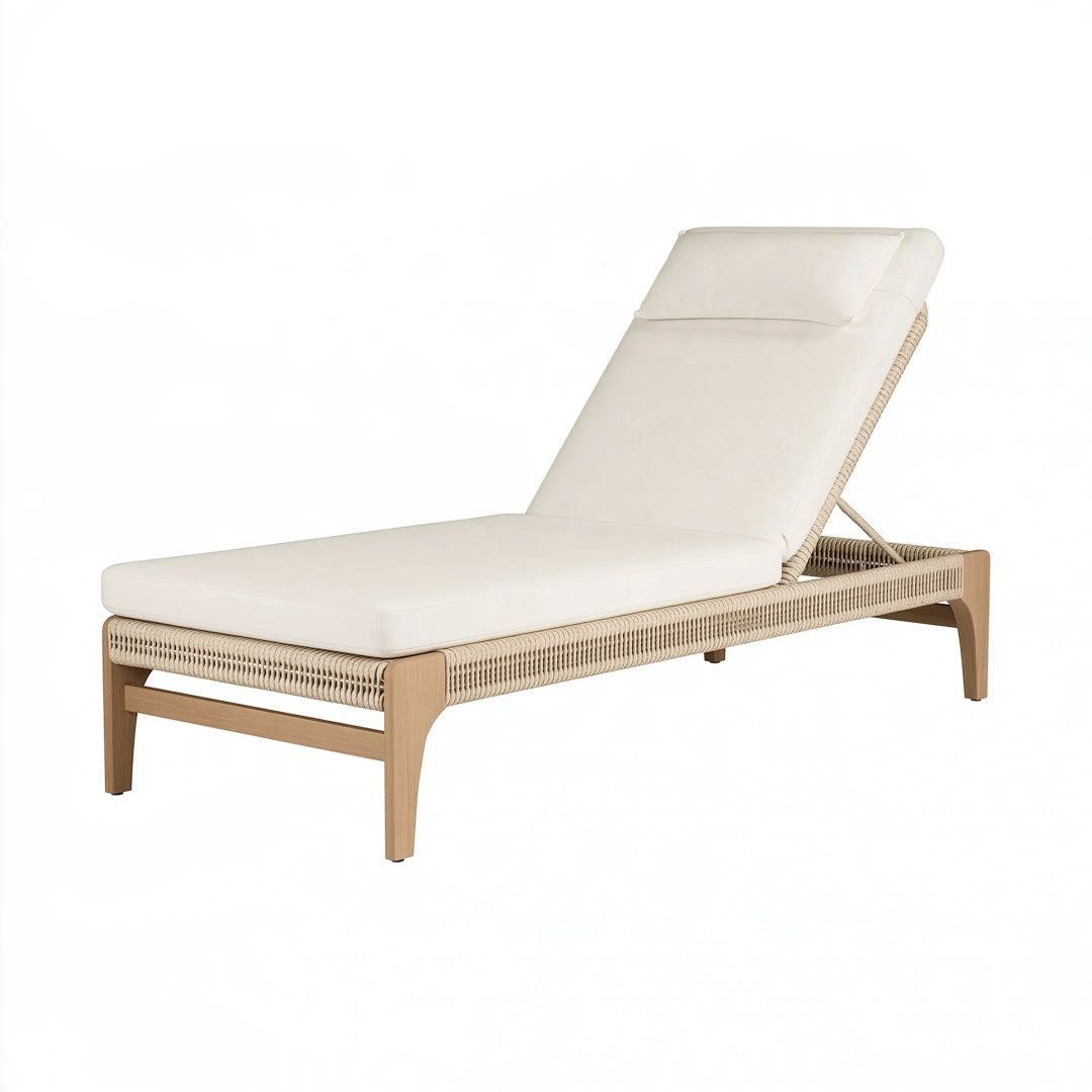 Chaise longue de jardin 200 cm en bois et corde tressée beige avec dossier réglable