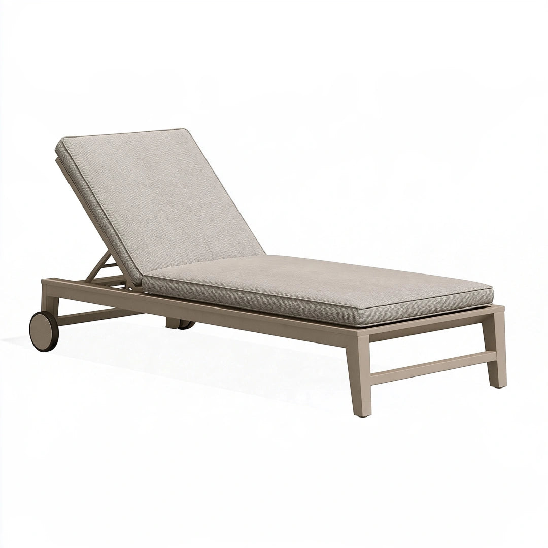 Bain de soleil 200 x 70 cm en métal taupe avec matelas inclinable à roulettes