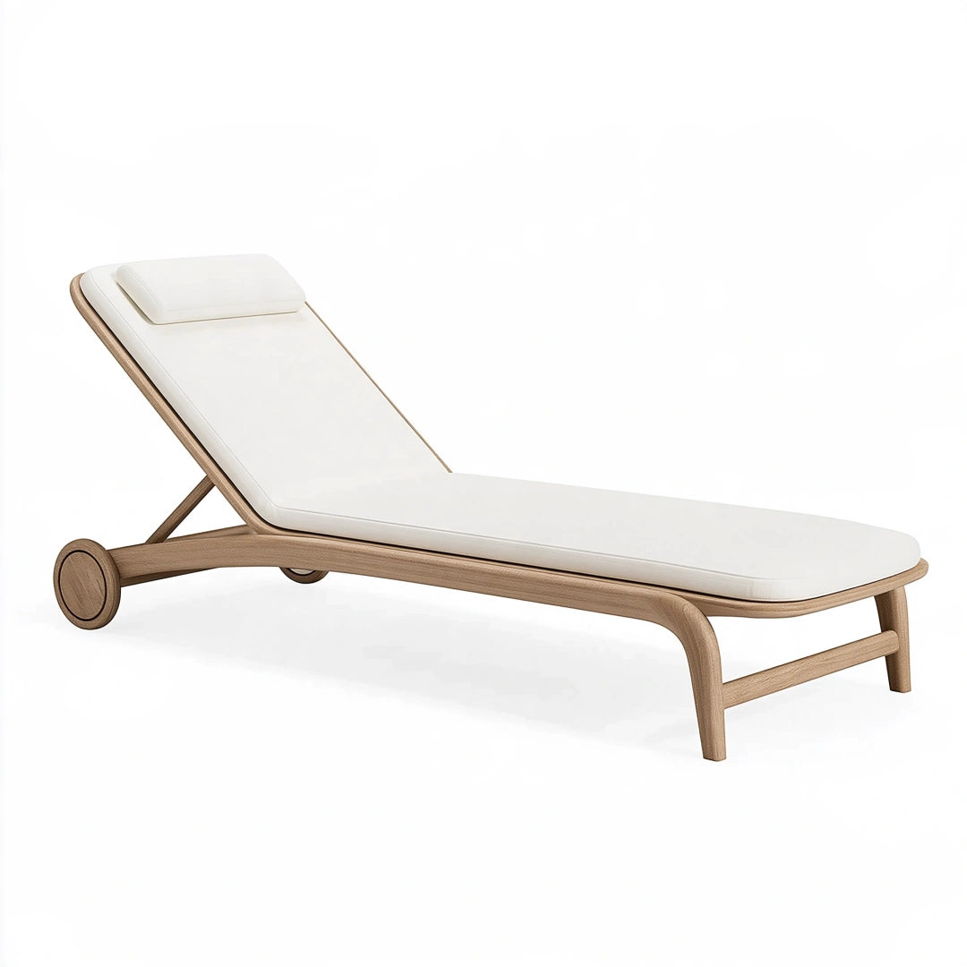 Bain de soleil 200 x 70 cm en bois beige à dossier inclinable avec roulettes