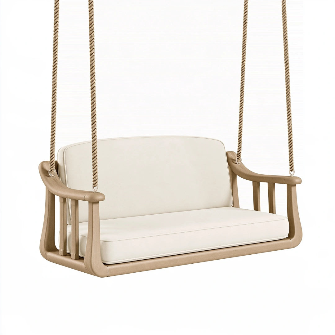 Balancelle suspendue 2 places 130 x 65 x 60 cm en bois beige avec assise rembourrée style naturel