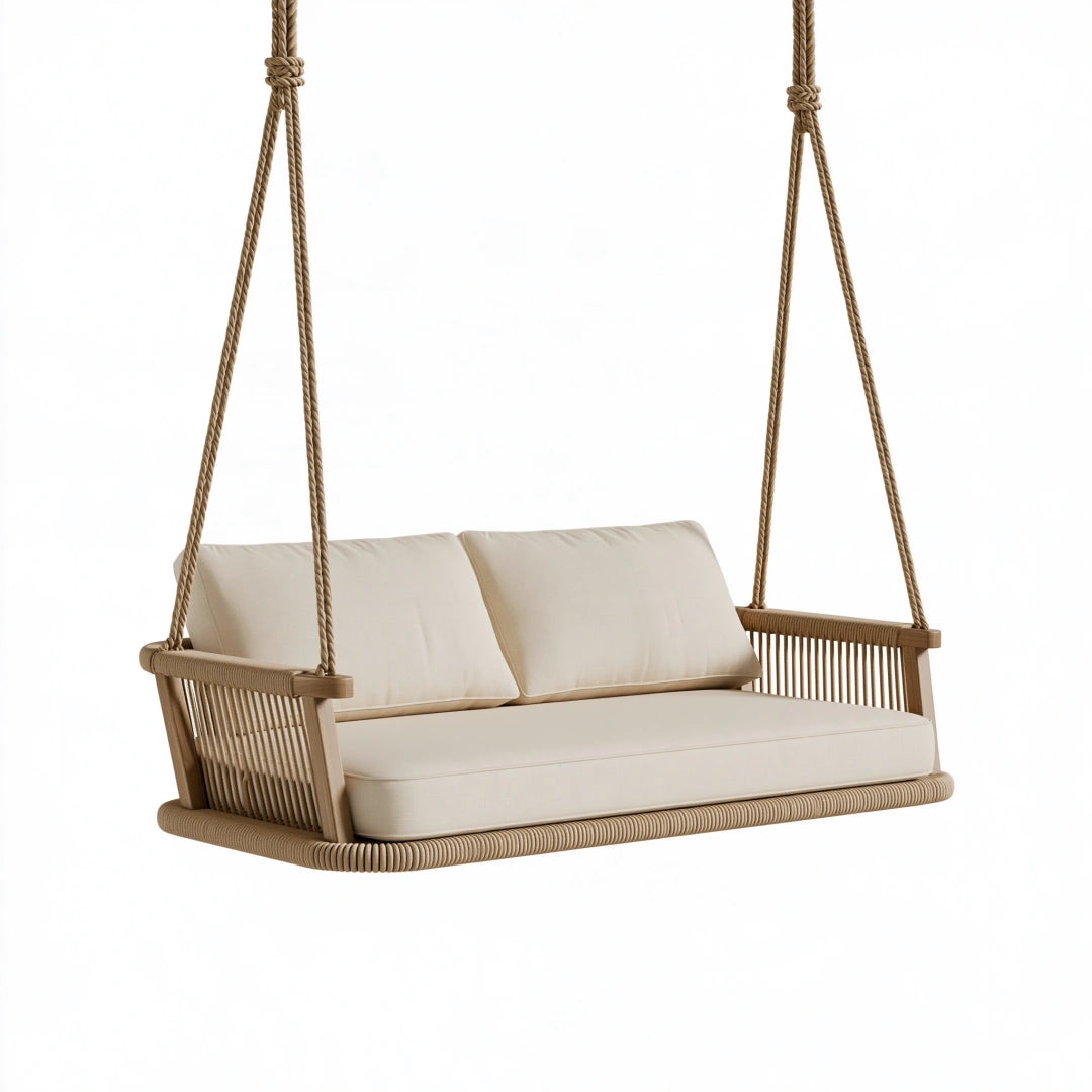 Balancelle de jardin 140 cm en bois beige avec cordes tressées pour 2 personnes
