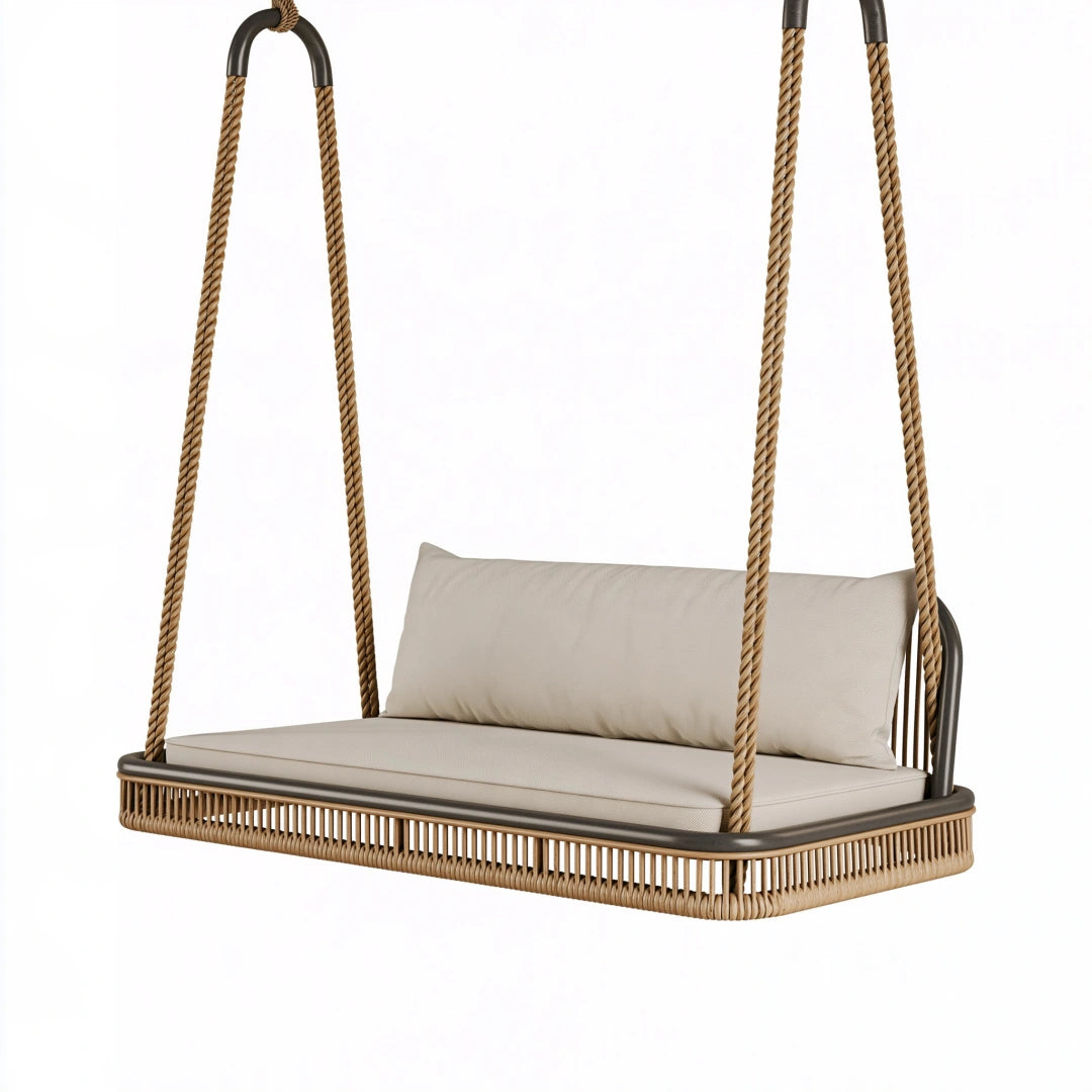 Balancelle suspendue 2 places 160 x 70 x 180 cm en métal et corde beige pour extérieur style bohème