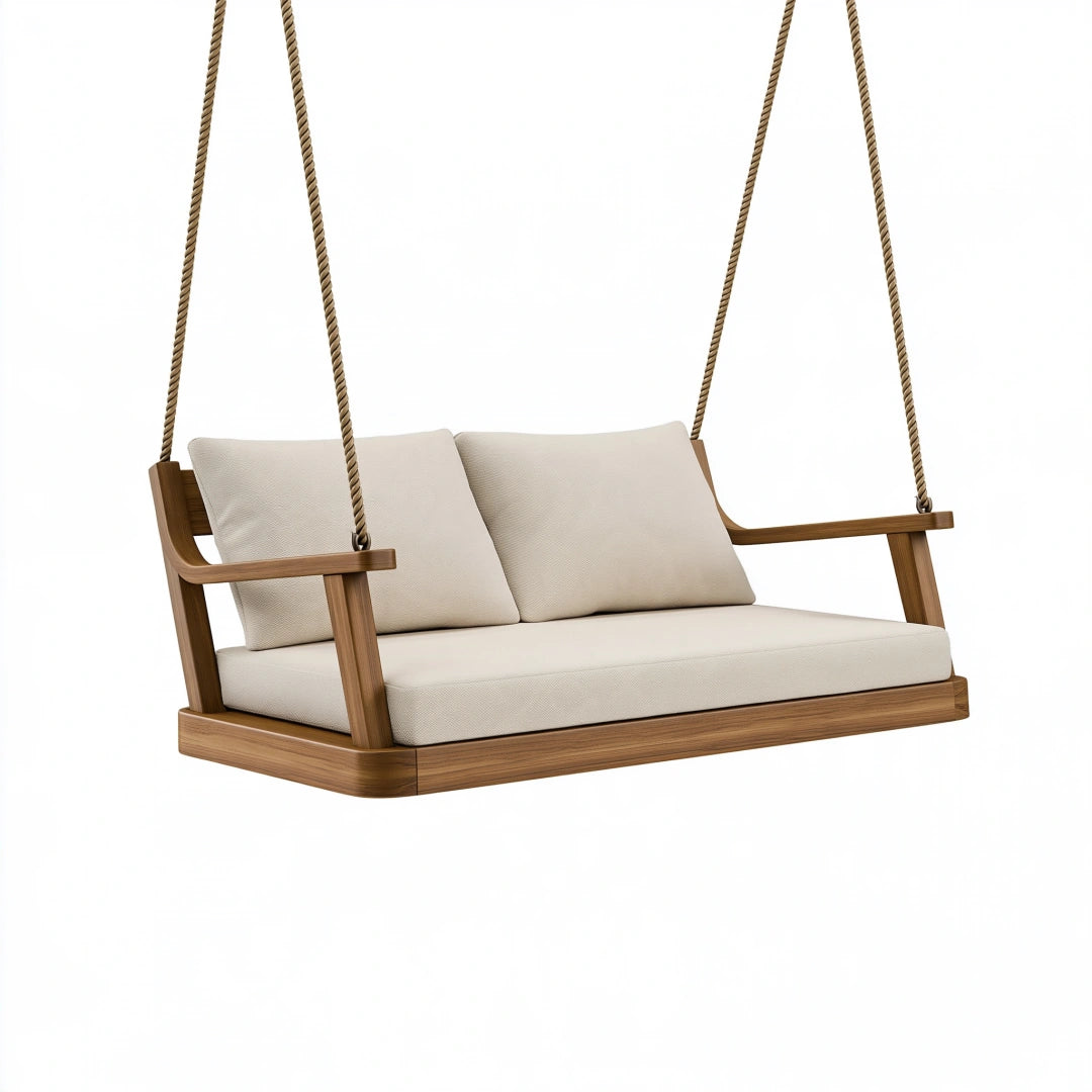 Balancelle de jardin 2 places 140 x 70 x 55 cm en bois marron avec assise beige style contemporain