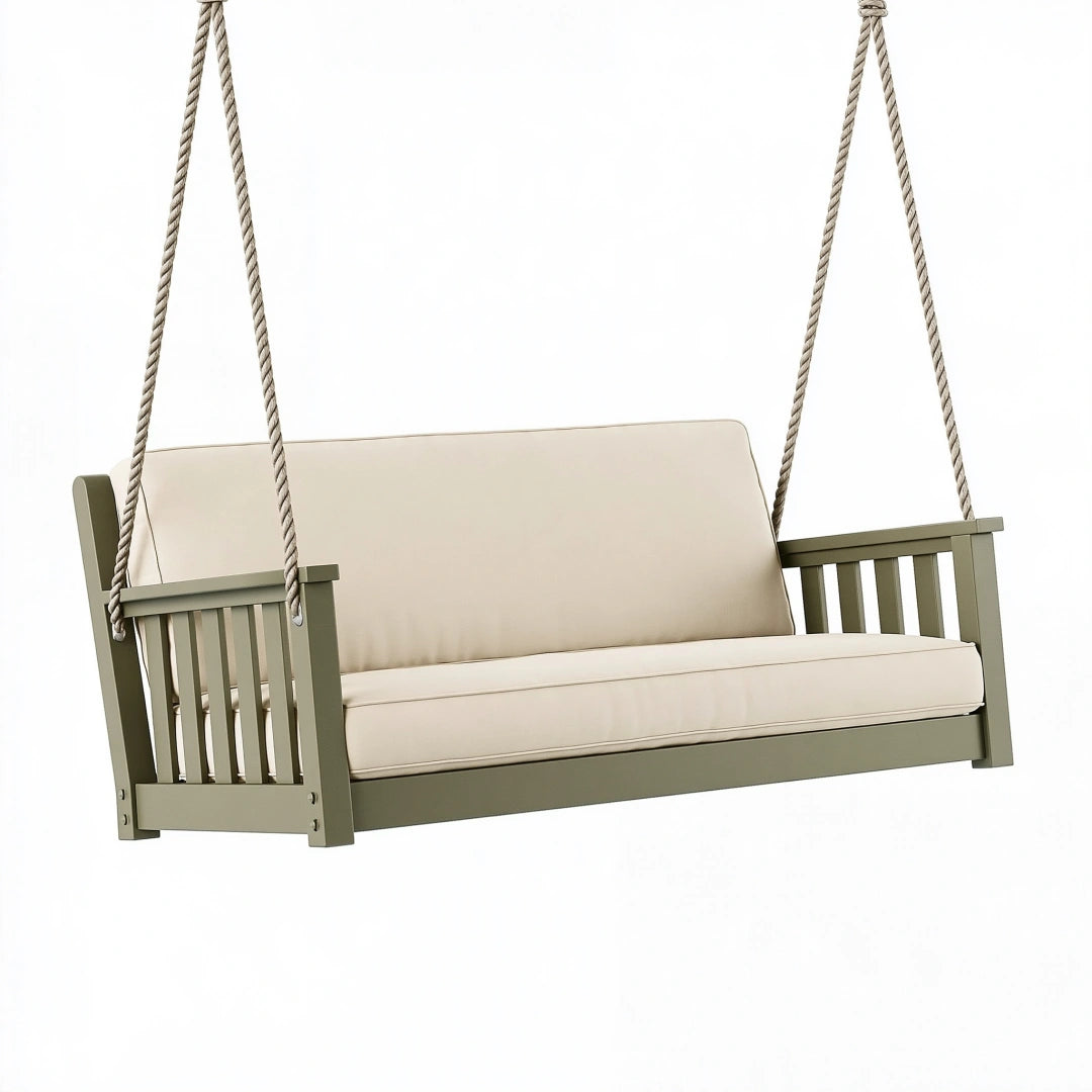 Banc balançoire 120 cm en bois vert avec coussins beige pour extérieur