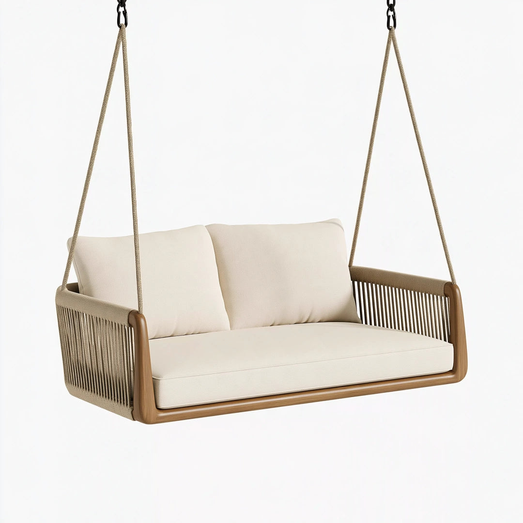 Balancelle de jardin 2 places 140 x 70 x 75 cm bois et corde beige style contemporain suspendu