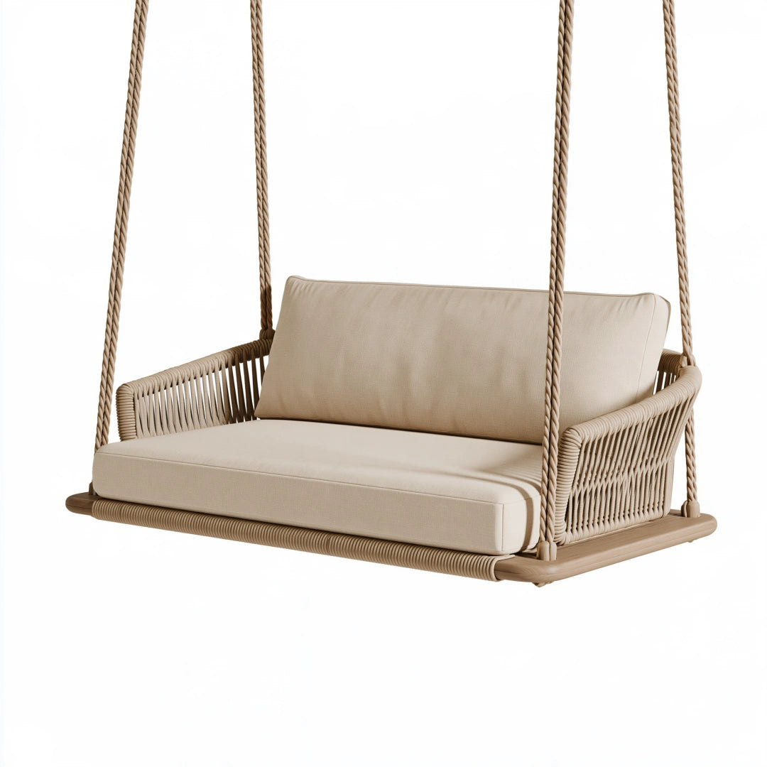 Balançoire de jardin 130 cm en corde tressée beige style bohème suspendu